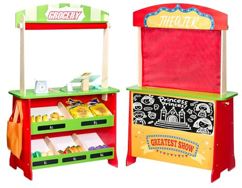 VEVOR 2-in-1 Spielset Puppentheater aus Holz mit Vorhängen, Kaufmannsladen, doppelseitiges Holzspiel mit Tafel und Registrierkasse, Marktstand zum Rollenspiel für Kinder ab 3 Jahren