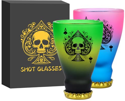 Schnapsgläser aus Glas mit Pik-Totenkopfmuster, 43ml, 2er-Set mit Box | Gothic Schnapsglas Set, Geschenke für Gothic-Fans, Hochzeit, Party, Geburtstag, für Whiskey, Wodka, Tequila und Desserts
