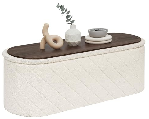 PINPLUS Sitzbank mit Stauraum, Ovale Polsterbank, Klappbarer Fußhocker, Bettbank aus Boucle Stoff, für Schlafzimmer, Wohnzimmer, Weiß, 110x38x38 cm