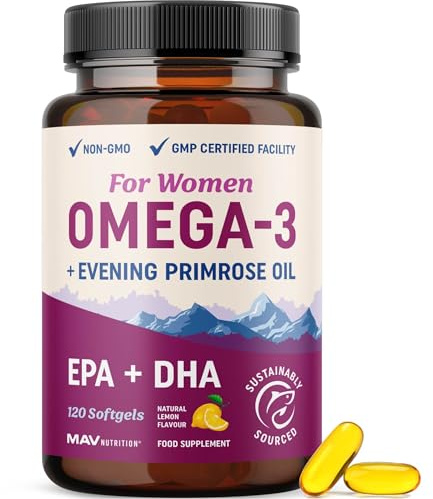 Omega 3 Supplement for Women | Fish Oil with Evening Primrose | Hormone Balance, Skin & Wellness Support | 600MG Omega3 + 800MG Evening Primrose | Fish Oil Omega 3 Supplements for Women | 120 Ct.