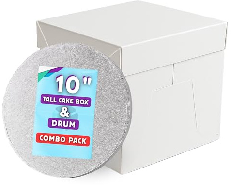 Pack N Trade Tall White Cake Box 10 Inch with 13mm Round Silver Drum – Durable 10×10×10″ Cake Box & Drum Combo – Ideal for Birthday & Wedding Cakes, Cake Decorators & Home Bakers