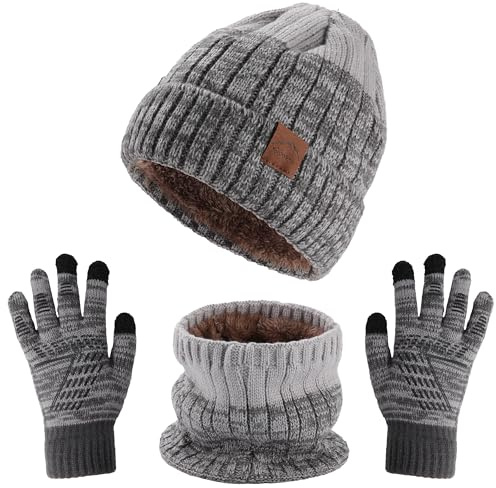 SECRET AROMA Ensemble de 3 pièces pour enfants, bonnet, écharpe, gants, doublure polaire, gants pour écran tactile, pour garçons et filles de 4 à 10 ans