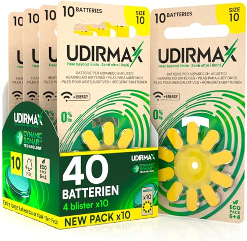 40 Batterien für Hörgeräte PR70 Größe 10 (Gelb) Udirmax Zink-Luft 0% Quecksilber 1,45 V Eco Pack - 4 Eco Blister à 10 Batterien