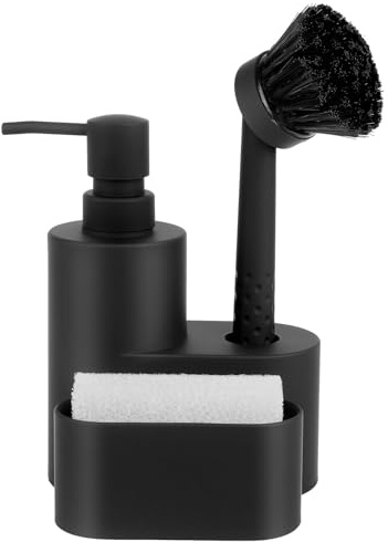 3 in 1 Liquid Dish Soap Dispenser Sponge Holder Kitchen Soap Dispenser with Sponge and Brush for Kitchen Counter, 300 ML Capacity, Black