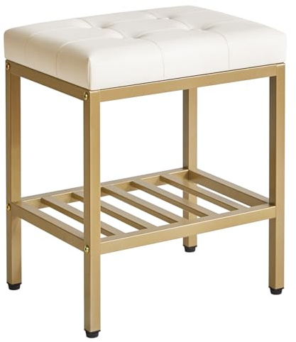 IBUYKE Rectangular Makeup Stool with Adjustable Feet and Storage Space, Footrest Chair, PU Seat Vanity Stool, Multi-Use as Small Side Table or Ottoman, for Bedroom, White WBD017W