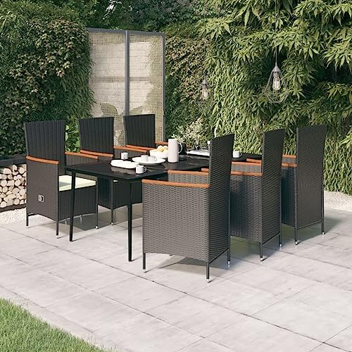 QJBSAVVA 7-TLG. Garten-Essgruppe Schwarz 200x100x74 cm mit Verstellbarer Rückenlehne, cremeweißen Kissen und robustem PE-Rattan für Terrasse, Balkon und Camping-Anwendungen