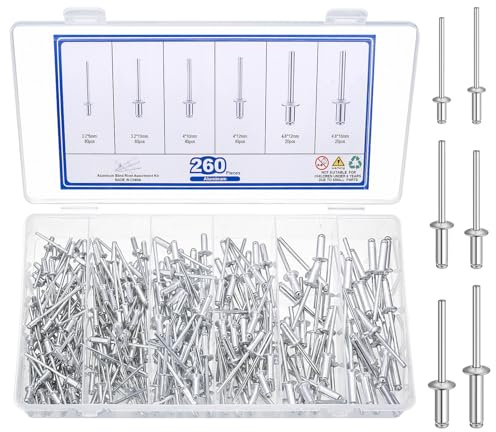 260 PiezasRemaches Pop, Remaches Ciegos de Brida con Mandril de Eje, Remaches de Brida de Aluminio con Cabeza Estándar para Metal Madera Plástico(M3,2x6/10 mm, M4x10/12 mm, M4,8x12/16 mm)