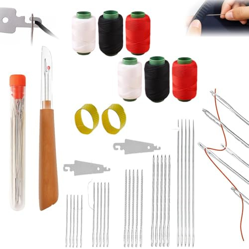 Kit de agujas de coser de acero Big Eye, kit de agujas de coser de acero inoxidable de 37 piezas, agujas de coser portátiles, costura a mano de ojo grande, kit de costura para costura de cuero, uso