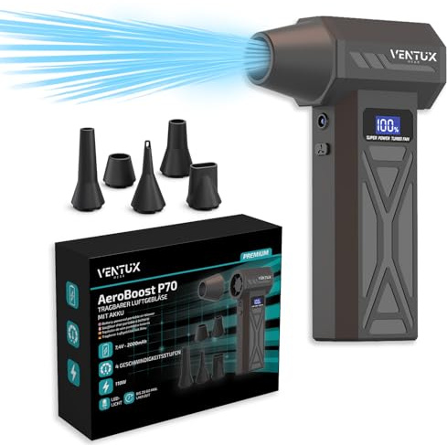 Soffiatore d’Aria Portatile a Batteria AeroBoost P70 – 110W | 4 Velocità, Display LCD, LED, 2000mAh | Mini Air Blower per Polvere, Tastiere, Auto, PC – Ventux Gear