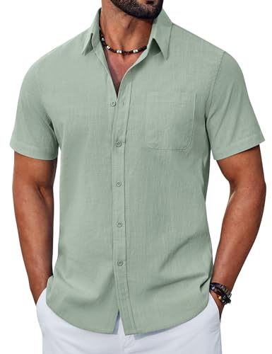 COOFANDY Sommar Bomull Kortärmad Herrskjorta Regular Fit Casual Skjortor med Fickor, Ljusgrön, L