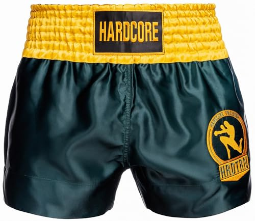 Hardcore Training Classic Muay Thai Shorts Herren Thaiboxen Kampfsport Hose MMA Kickboxen Sparring (DE/NL/SE/PL, Alphanumerisch, XXL, Regular, Regular, Green Gold Black)
