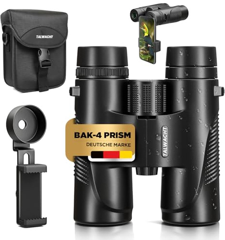 Talwacht 10×42 Fernglas – Wasserdicht & Beschlagfrei IPX7, BaK‑4 Prism, HD Mehrschichtoptik, Stoßfest & Ergonomisch, Smartphone‑Adapter + Hartschale – Ideal für Vogelbeobachtung & Outdoor