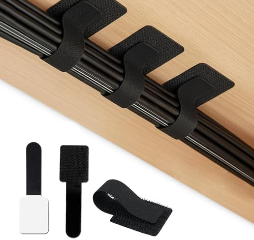 50 Pack Under Desk Cable Management Clips, 30x90mm Self Adhesive, Black | No Drill Hook and Loop Cable Tidy Organiser, Reusable Adjustable Wire Holder for Home Office Gaming, Grips Wood Glass Metal
