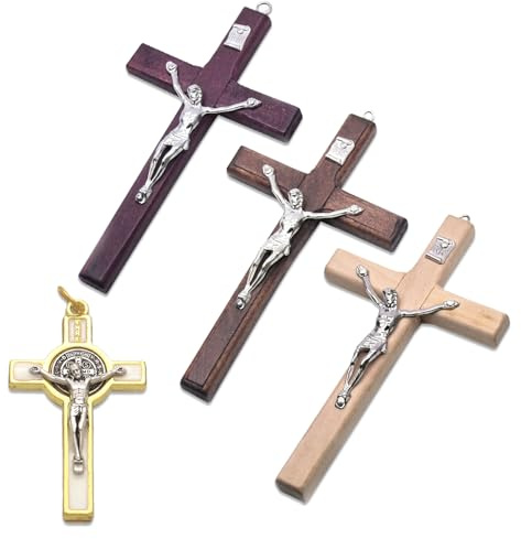 WYRGQIQN Croce di Gesù in Legno - Set di 4 Croci, Inclusi Un Pendente e Una Collana, Regalo di Battesimo e Decorazione da Parete