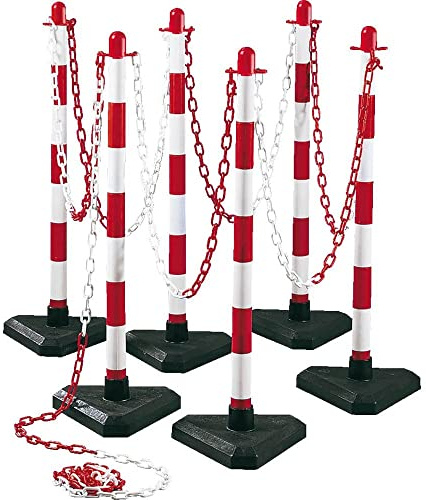 TMS PRO SHOP Kettenpfostenset UNI Dreieck, 6 Stück, rot/weiß, 10 m Kette aus Kunststoff, Art.-Nr. 37219 | Kettenpfosten | Absperrpfosten | Absperrkette