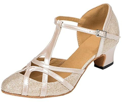 MGM-Joymod Donna T-Starp Glitter Sintetico Matrimonio Tango Salsa Scarpe Danza Latina Moderna, (Champagne 5 cm Tacco), 38.5 EU