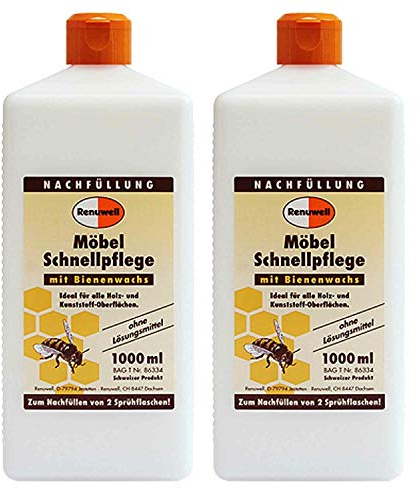 Renuwell Möbel Schnellpflege mit Bienenwachs, 2x 1 Liter – Reinigung und Pflege für Möbel und Holzoberflächen, entfernt Staub & Fingerabdrücke, frischt Farben auf, Schweizer Qualität