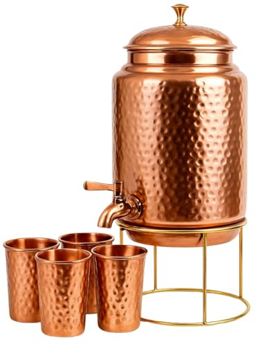 Dispensador de agua martillada de cobre puro, tanque de agua con grifo y juego de 4 vasos de cobre, recipiente de agua, tanque de almacenamiento de agua de cobre, capacidad de 6.5 litros, 222 onzas