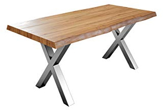 SAM Esszimmertisch 220x100 cm Xerez, Baumkantentisch naturfarben, Akazienholz massiv, X-Gestell aus Metall Silber