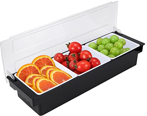 HERCHR Condiment Dispenser, Large Plastic Condiment Holder Bar Fruit Caddy Salad Tacco Cocktail Garnish Tray for Snack Station, Buffet, Pizza Topping Station (3 Compartment)