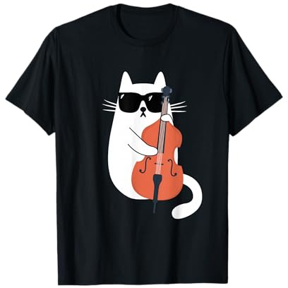 Chat Drôle avec Lunettes de Soleil Musicien Contrebasse T-Shirt