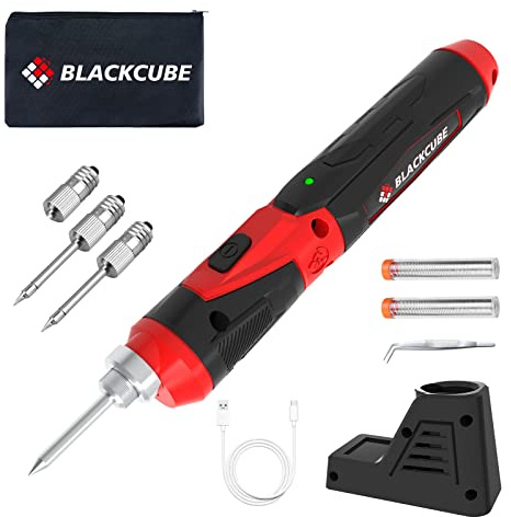 BLACKCUBE 4V Cordless Soldering Iron Kit, Rechargeable Soldering Iron with 2000mAH Rapid Heat Lithium-Ion Battery, LED Spotlight & Solder Tips, Professional Portable Welding Tool for DIY and Home Use