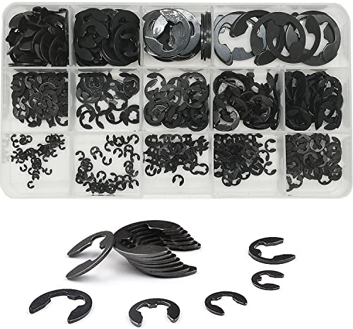 500 Stück M1.5-M15 schwarzer legierter Stahl E-Clips, externe Halteklemmern | 14 Größen Kohlenstoffstahl überzogen schwarze Waschmaschine Kreise, Snap Retainer Ringe Sortiment Kit
