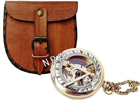 Brass Finish Sundial Compass with Leather Case and Chain - Push Open Compass - Steampunk Accessory - Beautiful Handmade Gift -Sundial Clock