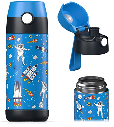 Jarlson® Trinkflasche Kinder Edelstahl MALI [THERMOSFLASCHE] - Kindertrinkflasche Auslaufsicher - Thermoskanne Kohlensäure geeignet - Thermo Trink Flasche für Schule & Kindergarten (350ml, Weltall)