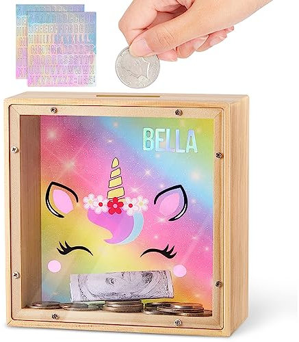 MHJY Money Box for Kids, Wooden Piggy Banks for Girls Boys Unicorn Money Jar Coin Bank with DIY Alphabet Stickers