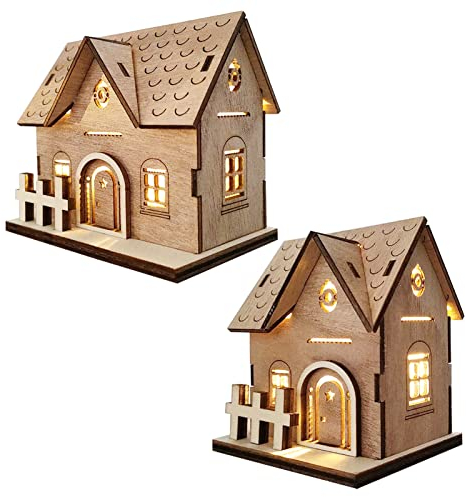 2 Stück Weihnachtsdeko Holz Haus mit LED Leucht Beleuchtet,DIY Weihnachtsdorf Häuser Winterdorf Weihnachtlicher Zierschmuck Tischdeko Miniatur Haus Deko Weihnachtsartikel Weihnachtsschmuck