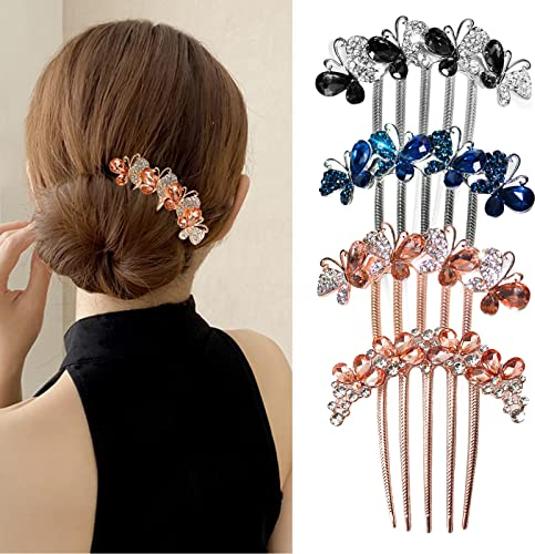 TONAUP Strass Blumen Haarkamm, 4 Stück Schmetterlinge und Blumen Haar Steckkamm 4 Farben Luxus Braut Haarschmuck Haare Seitenkamm für Frauen Mädchen