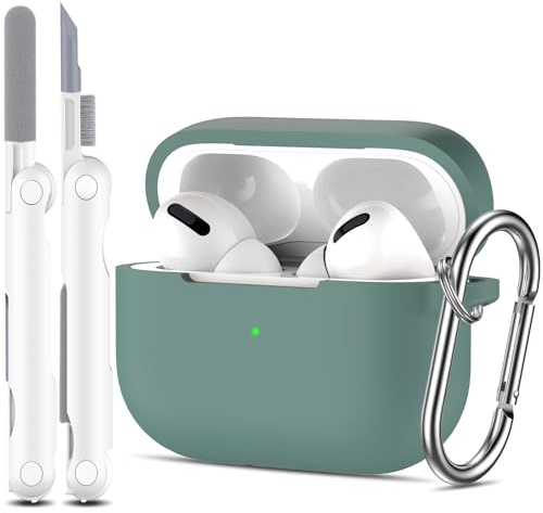R-fun Kompatibel mit AirPods Pro 1 Gen Hülle mit Reinigungsset, Vollständiger Silikonschutz Kompatibel mit Apple AirPods Pro 2019 Hülle [Front-LED sichtbar],Tannengrün
