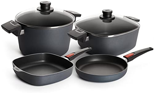 WOLL – Diamond Lite Set: Pfanne Ø 24, Pfanne 26×26, Kasserolle 26×26, Topf Ø 24 + Deckel 26/24 – Diamant-Antihaft, Aluminiumguss – induktionsgeeignet & backofenfest