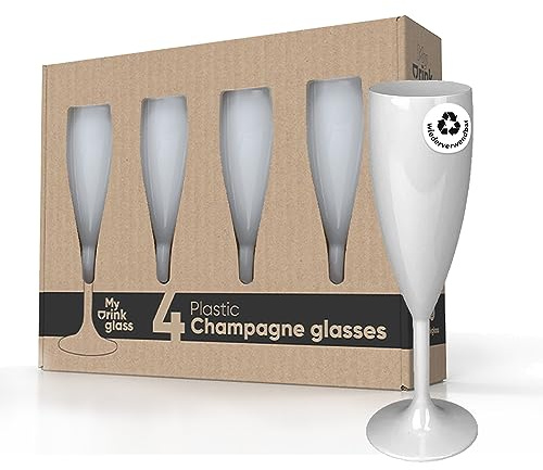 MyDrinkglass Coupe Champagne Plastique Givet 190 ml - Flute Champagne 4 Pieces - Verre Plastique Reutilisable Set - 4 Verre Camping Incassables - Blanc