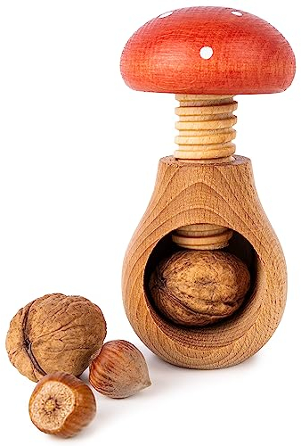 Creative Home Cascanueces de Madera en Forma de Seta de Sapo | 10 x 6 | Gorro Punteado de Color Rojo | Madera de Haya Natural | Diseño Interesante | con el Mecanismo de Tornillo | Sólido y Útil