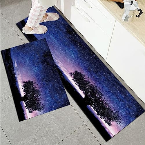 Küchenläufer Küchenmatte 2 Stück 45x70cm+45x120cm,Nachthimmel, Sternenhimmel Kosmos Sterne mit einzelnen Buschbaum unter,Rutschfest Pflegeleicht, Anti-Müdigkeit Küchenteppich Teppich Läufer für Küche