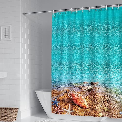 Whoiy Duschvorhang Blau 120X180, Duschvorhang Eckbadewanne Polyester Duschvorhänge Seestern Am Strand für Outdoor Hotel