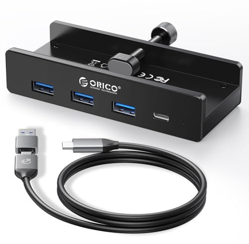 ORICO USB Hub, Aluminum USB 3.0 Hub Clip with 5V Power Supply Connection, 5Gbps 4 port USB Distributor with 3 USB-A 3.0 and 1 USB-C 3.0, 3.3Ft Cable (C to A/C), for Monitors Black