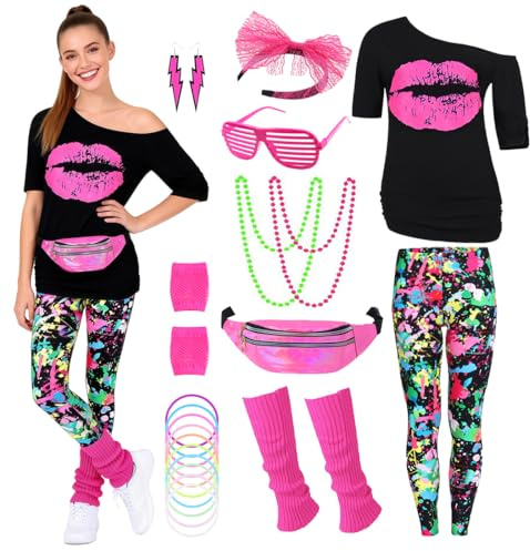 Velmawig 80er Jahre Outfit Damen 80 er Jahre Fasching Kostüm Zubehör Rosa Set mit Bauchtasche Haarband Ohrring Netzhandschuhe Gläser Armband Halskette Leggings Neon Kleidung Bad Taste Outfit Damen