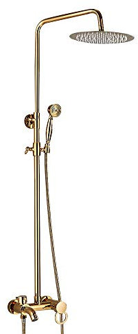 Begoniape Duschsystem Duschset, Gold Regendusche Einstellbar Duschstange, Dusche Duschsäuleset mit Zwei Griffe Edelstahl Duschkopf Messing Wasserhahnauslauf