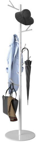 BAKAJI Perchero de pie con 16 ganchos, soporte para colgar ropa independiente para entrada y salón, ideal para abrigos, sombreros, bolsos (blanco)