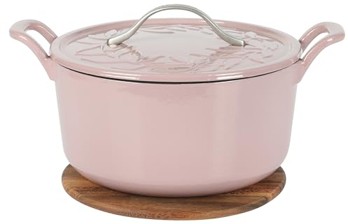 Bloomhouse Horno holandés de hierro fundido de 7 cuartos con tapa en relieve, esmalte europeo y salvamanteles de madera de nogal, rosa orquídea
