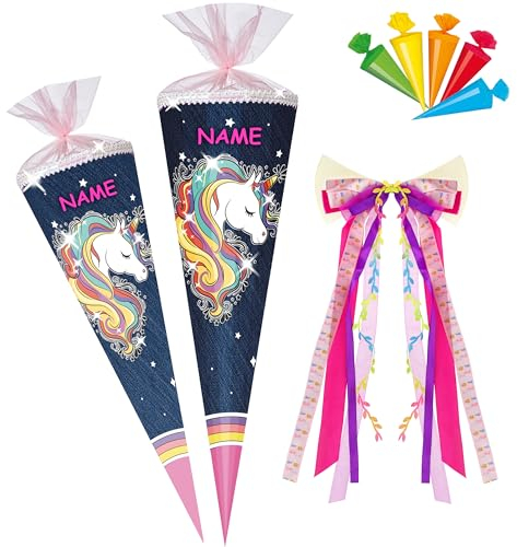 alles-meine.de GmbH mit Glitzer & Glimmer ! Schultüte - Einhorn - Regenbogen Mähne 70-100 cm Größe wählbar inkl. Name + Bänder Schleife + 5 kleine Zuckertüten - Zuckert..