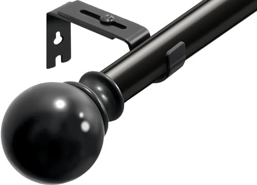 Curtain Poles for Eyelet Curtains Single Curtain Rod Black Curtain Pole with Adjustable Brackets and Round Finials for Living Room, Bathroom, Bedroom（23.6-64.9inch, Black）