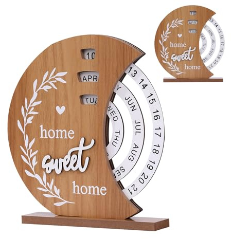 KASESSS Calendrier Perpetuel en Bois, Calendrier Familial en Forme de Lune, Calendriers de Table Rotatif Calendrier Perpétuel Vintage Déco Bureau pour la Maison, le Bureau et le Café