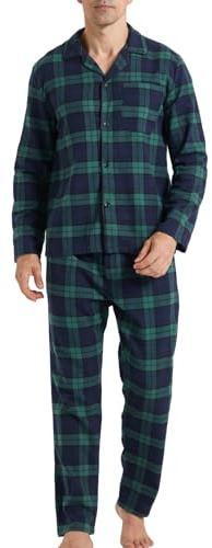 LANBAOSI Conjunto de pijama de dos piezas para hombre, pantalones largos, parte superior, pijama de algodón, polialgodón, manga larga, camiseta y pantalones de pijama a cuadros, verde, M