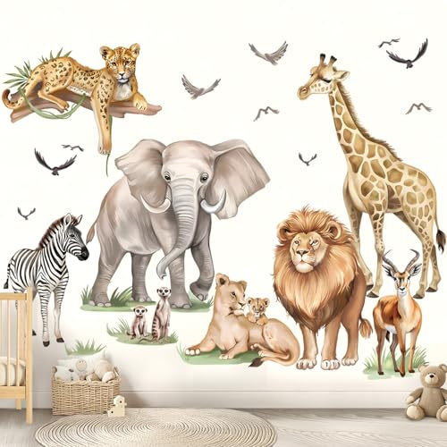 wondever Wandtattoo Safari Tiere Wandsticker Savanne Tiere Löwen Giraffe | Abziehen und Aufkleben, Abziehbar, Wandaufkleber Selbstklebend für Kinderzimmer Babyzimmer Schlafzimmer Wanddeko