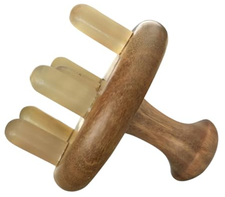 Kopfhautmassagekamm aus Sandelholz mit Siebensternigem Rundzahn Design | Ochsenhorn Ausführung, Sanfte Meridianmassage, Grobzinkiger Haarkamm in Hellbraun