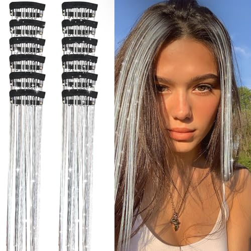 12-teiliges Haar-Lametta, 20,5 Zoll Clip-in-Haarverlängerung, silbernes Haar-Lametta, Feen-Haar-Lametta-Set, silberne Haarverlängerungen, Clip-Glitzer für Haar-Accessoires für Frauen und Mädchen